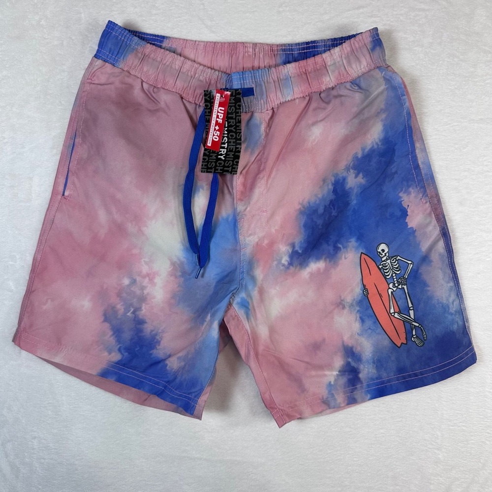 Chemistry Mens Tie Dye Skeleton Surfer Board Shorts Pink Blue UPF 50 Small NEW